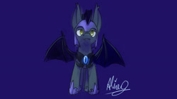 Size: 1920x1080 | Tagged: safe, artist:aliceg, imported from ponybooru, bat pony, pony, amber eyes, armor, bat wings, blue background, ear fluff, ears, fangs, gorgoalice daily pony, gray coat, helmet, horseshoes, large ears, looking behind viewer, looking behind you, male, royal guard, royal night guard, signature, simple background, slit eyes, solo, stallion, wings, yellow eyes