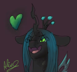 Size: 1152x1080 | Tagged: safe, artist:aliceg, imported from ponybooru, queen chrysalis, changeling, changeling queen, changeling horn, changeling wings, chitin, eye clipping through hair, fangs, female, gorgoalice daily pony, green eyes, heart, horn, jagged horn, mare, open mouth, purple background, signature, simple background, smiling, solo, wings