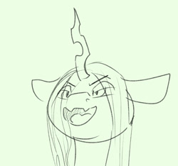 Size: 1152x1080 | Tagged: safe, artist:aliceg, imported from ponybooru, queen chrysalis, changeling, changeling queen, ears, fangs, fat, female, floppy ears, gorgoalice daily pony, horn, jagged horn, mare, open mouth, simple background, sketch, solo, tongue out, white background