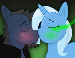 Size: 1215x933 | Tagged: safe, artist:grapefruitface1, imported from ponybooru, queen chrysalis, trixie, oc, oc:manerg, blushing, canon x oc, disguise, disguised changeling, eyes closed, glowing eyes, kissing