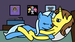 Size: 1920x1080 | Tagged: safe, artist:manerg, imported from ponybooru, trixie, oc, oc:grapefruit face, unicorn, album cover, bed, canon x oc, eyes closed, female, grapexie, male, mare, ponybooru exclusive, queen (band), record player, shipping, stallion, toto (band), tubular bells