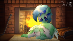 Size: 2000x1125 | Tagged: source needed, useless source url, safe, artist:jadebreeze115, imported from derpibooru, oc, oc only, oc:jade breeze, oc:pow pow, pegasus, pony, blushing, cuddling, cute, daaaaaaaaaaaw, duo, female, fire, fireplace, fluffy, male, mare, petting, petting her, romantic, shipping, snuggling, stallion, together forever