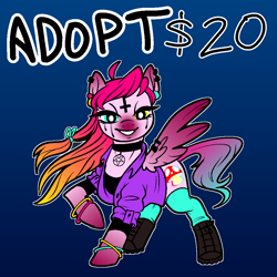 Size: 1000x1000 | Tagged: safe, artist:vodkamewtwoni, imported from derpibooru, oc, pegasus, pony, acid, adoptable, boots, bracelet, clothes, donut steel, ear piercing, eye strain, female, heterochromia, jewelry, makeup, piercing, running makeup, satanic, shoes, socks, solo, stockings, thigh highs, wing piercing