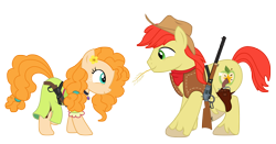 Size: 4089x2146 | Tagged: safe, alternate version, artist:three uncle, imported from derpibooru, bright mac, pear butter, earth pony, pony, the perfect pear, bandana, brightbutter, cowboy, cowboy hat, dancing, eye contact, female, flower, flower in hair, gun, handgun, hat, husband and wife, looking at each other, male, mare, mouth hold, revolver, rifle, shipping, shotgun, simple background, smiling, stallion, straight, straw in mouth, transparent background, weapon