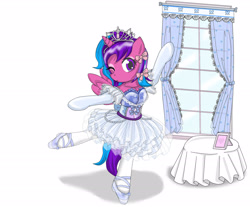Size: 2692x2228 | Tagged: safe, artist:avchonline, imported from derpibooru, oc, oc:melody aurora, alicorn, anthro, semi-anthro, accessories, accessory, alicorn oc, arabesque, arm raised, ballerina, ballet, ballet pose, ballet slippers, bipedal, bow, clothes, gloves, horn, jewelry, looking at you, on one leg, one eye closed, picture, picture frame, pose, ribbon, standing on one leg, table, tiara, tights, tutu, tututiful, window, wings, wink