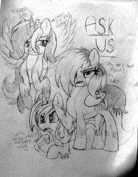 Size: 637x822 | Tagged: safe, artist:juliet-gwolf18, imported from derpibooru, oc, oc only, oc:juliet, pegasus, ask, dialogue, eyelashes, flying, grayscale, lineart, monochrome, pegasus oc, raised hoof, traditional art, unamused, wings