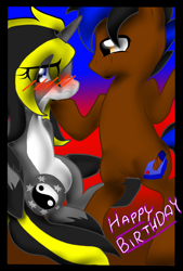Size: 1181x1748 | Tagged: safe, artist:juliet-gwolf18, imported from derpibooru, oc, oc only, alicorn, earth pony, pony, abstract background, alicorn oc, bipedal, blushing, duo, earth pony oc, female, happy birthday, hoof shoes, horn, male, mare, stallion, wings, yin-yang