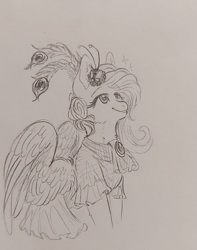 Size: 945x1200 | Tagged: safe, artist:hkpegasister, imported from derpibooru, fluttershy, pegasus, pony, clothes, dress, gala dress, grand galloping gala, monochrome, pencil drawing, smiling, solo, traditional art