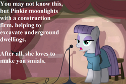 Size: 972x648 | Tagged: safe, edit, edited screencap, imported from derpibooru, screencap, maud pie, the maud couple, clothes, cropped, dress, implied pinkie pie, lord of the rings, maud the comedian, microphone, pun, speech, spotlight, stage, talking