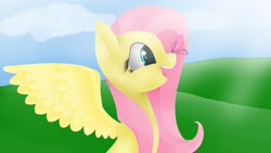 Size: 1920x1080 | Tagged: safe, artist:emalajiss36, imported from derpibooru, fluttershy, butterfly, pegasus, pony, eyelashes, female, mare, open mouth, outdoors, smiling