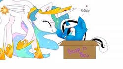 Size: 1930x1080 | Tagged: safe, artist:emalajiss36, imported from derpibooru, princess celestia, oc, oc:miss smile, alicorn, pony, alicorn oc, boop, boop box, box, duo, eyelashes, eyes closed, female, heart, hoof shoes, horn, jewelry, mare, open mouth, peytral, pony in a box, raised hoof, simple background, smiling, talking, tiara, white background, wings