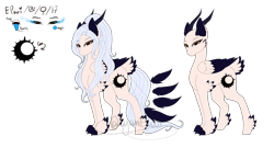 Size: 5548x3000 | Tagged: safe, artist:minelvi, imported from derpibooru, oc, oc only, oc:elwi, hybrid, pony, duo, feathered fetlocks, female, horns, mare, reference sheet, signature, sombra eyes, wings