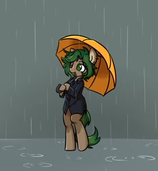 Size: 1306x1414 | Tagged: safe, artist:spheedc, imported from derpibooru, oc, oc only, oc:ame, earth pony, semi-anthro, unicorn, bipedal, clothes, digital art, female, mare, rain, simple background, umbrella