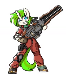 Size: 1332x1554 | Tagged: safe, artist:spheedc, imported from derpibooru, oc, oc only, oc:vinyl mix, semi-anthro, unicorn, apex legends, bipedal, clothes, digital art, gun, rampart, simple background, smiling, solo, weapon, white background