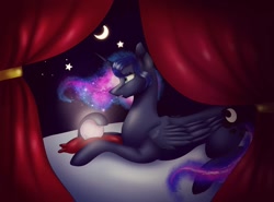 Size: 1080x801 | Tagged: safe, artist:rxndxm.artist, imported from derpibooru, princess luna, alicorn, pony, commission, crescent moon, crystal ball, ethereal mane, female, galaxy mane, lying down, mare, missing accessory, moon, prone, solo, stars, ych example, your character here