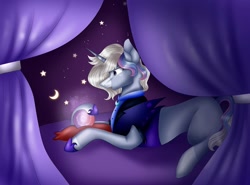 Size: 1080x801 | Tagged: safe, artist:rxndxm.artist, imported from derpibooru, oc, oc only, pony, unicorn, commission, crescent moon, crystal ball, hoof shoes, horn, indoors, lying down, moon, prone, solo, stars, unicorn oc, ych result