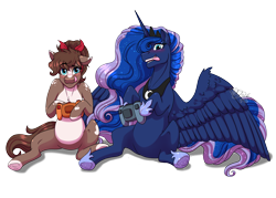 Size: 4000x2857 | Tagged: safe, artist:jack-pie, imported from derpibooru, princess luna, oc, alicorn, gamer luna, blushing, commission, controller, dexterous hooves, duo, hoof hold, licking, licking lips, playing, simple background, tongue out, transparent background