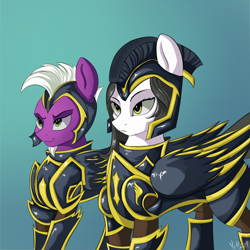 Size: 2000x2000 | Tagged: safe, artist:vell221, imported from derpibooru, oc, oc only, oc:captain inclement, oc:sky fury, pegasus, pony, armor, blue background, boots, clothes, commission, duo, female, gloves, guard, helmet, mare, royal guard, shoes, simple background