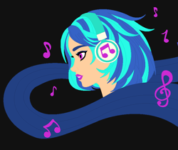 Size: 795x668 | Tagged: safe, artist:randomart1234567, imported from derpibooru, dj pon-3, vinyl scratch, human, alternate hairstyle, black background, female, headphones, humanized, lip bite, lipstick, music notes, simple background, solo