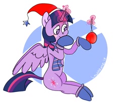 Size: 1377x1119 | Tagged: safe, alternate version, artist:lowname, imported from derpibooru, twilight sparkle, alicorn, pony, abstract background, bauble, christmas, clothes, colored, female, gloves, glowing horn, hat, holiday, horn, magic, mare, santa hat, sitting, solo, telekinesis, thinking, twilight sparkle (alicorn)