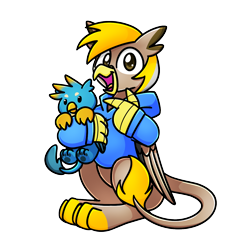 Size: 1240x1240 | Tagged: safe, artist:sugar morning, imported from derpibooru, gallus, oc, oc:pad, griffon, derpibooru community collaboration, clothes, griffon oc, hoodie, looking at you, open mouth, paw pads, paws, plushie, pointing, simple background, transparent background, underpaw