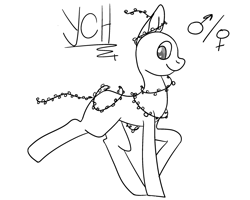 Size: 2500x2000 | Tagged: safe, artist:lowname, imported from derpibooru, oc, oc only, earth pony, pony, bald, christmas, christmas lights, commission, earth pony oc, holiday, lineart, monochrome, running, simple background, smiling, solo, white background, your character here