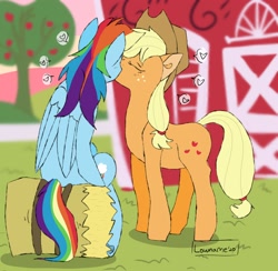 Size: 2216x2160 | Tagged: safe, artist:lowname, imported from derpibooru, applejack, rainbow dash, earth pony, pegasus, pony, apple, apple tree, appledash, barn, eyes closed, female, food, freckles, hat, hay bale, kissing, lesbian, mare, outdoors, shipping, signature, sitting, tree