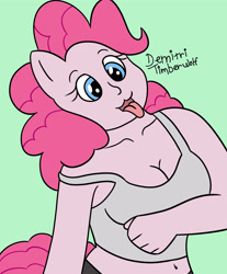 Size: 2900x3500 | Tagged: safe, artist:demitri, imported from derpibooru, pinkie pie, anthro, :3, belly button, breasts, busty pinkie pie, cleavage, collarbone, cute, diapinkes, open mouth, signature, solo, tongue out, wingding eyes