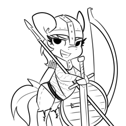 Size: 3000x3000 | Tagged: safe, artist:tjpones, imported from derpibooru, rainbow dash, pegasus, pony, armor, arrow, arrows, bipedal, bipedal leaning, black and white, bow (weapon), chainmail, female, grayscale, helmet, leaning, mare, monochrome, shield, simple background, smiling, smirk, solo, spear, sword, weapon, white background