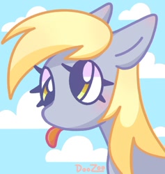 Size: 814x857 | Tagged: safe, artist:doozoo, imported from derpibooru, derpy hooves, pegasus, pony, bust, cloud, cute, derp, derpabetes, female, floppy ears, mare, portrait, sky, solo, tongue out