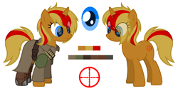 Size: 4096x2100 | Tagged: safe, artist:ponkus, imported from derpibooru, oc, oc only, oc:rangefinder, pony, unicorn, fallout equestria, ammunition, ammunition belt, armor, belt, blue eyes, boots, clothes, cute, female, jacket, mare, reference sheet, shoes, solo, two toned mane