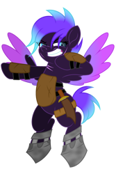 Size: 2000x3000 | Tagged: safe, artist:ponkus, imported from derpibooru, oc, oc only, oc:rad blast, pegasus, pony, fallout equestria, armor, clothes, power hoof, shoes, simple background, smiling, solo, transparent background, weapon