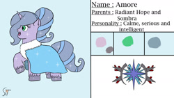 Size: 1280x720 | Tagged: safe, artist:schumette14, imported from derpibooru, oc, oc:amore, crystal pony, unicorn, first design, offspring, parent:king sombra, parent:radiant hope, parent:sombra, parents:hopebra, parents:sombriant, reference sheet