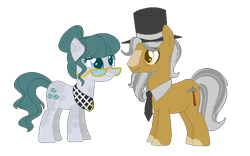 Size: 800x500 | Tagged: safe, artist:choisky13, artist:selenaede, imported from derpibooru, cloudy quartz, igneous rock pie, earth pony, pony, alternate hairstyle, base used, beard, duo, facial hair, female, glasses, hat, male, mare, redesign, simple background, stallion, transparent background