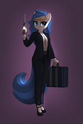 Size: 1600x2400 | Tagged: safe, artist:freeedon, imported from derpibooru, oc, oc only, oc:bluecode, anthro, earth pony, clothes, female, gun, handgun, revolver, solo, suit, suitcase, weapon