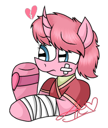 Size: 800x942 | Tagged: safe, artist:muhammad yunus, artist:tanahgrogot, imported from derpibooru, pony, unicorn, aelita schaeffer, bandage, base used, blue eyes, code lyoko, crossover, female, heart, heartbreak, i can't believe it's not 徐詩珮, mare, pink hair, ponified, sad, simple background, solo, transparent background, watch