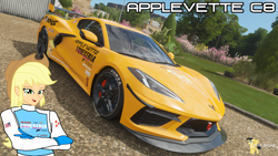 Size: 3840x2160 | Tagged: safe, artist:forzaveteranenigma, imported from derpibooru, applejack, human, fanfic:equestria motorsports, equestria girls, chevrolet, chevrolet corvette, corvette c8, crossed arms, forza horizon 4, general motors, looking at you, photo, racing suit, read description, self promotion, smiling, supercar, youtube channel, youtube link in the description