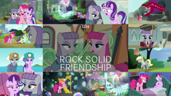 Size: 1980x1116 | Tagged: safe, edit, edited screencap, editor:quoterific, imported from derpibooru, screencap, bon bon, derpy hooves, lyra heartstrings, maud pie, pinkie pie, starlight glimmer, sweetie drops, eel, quarray eel, rock solid friendship, bed, collage, harp, maud's cave, musical instrument, train