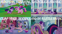 Size: 2000x1125 | Tagged: safe, edit, edited screencap, editor:quoterific, imported from derpibooru, screencap, princess cadance, starlight glimmer, trixie, twilight sparkle, alicorn, pony, unicorn, a canterlot wedding, road to friendship, the crystal empire, the times they are a changeling, cutie mark, female, filly, filly twilight sparkle, mare, open mouth, siblings, sisters, sisters-in-law, sunshine sunshine, tail, teen princess cadance, twilight sparkle (alicorn), younger