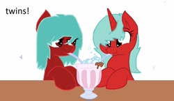 Size: 1024x593 | Tagged: safe, imported from derpibooru, oc, oc only, earth pony, pony, unicorn, angry, base used, earth pony oc, happy, horn, milkshake, sharing a drink, simple background, straw, twins, unicorn oc