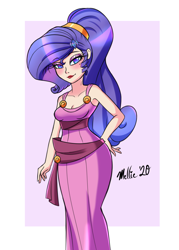 Size: 1000x1400 | Tagged: safe, artist:melliedraws, imported from derpibooru, rarity, human, clothes, cosplay, costume, dress, hercules, humanized, megara, megararity, solo