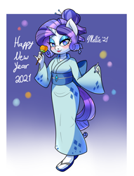 Size: 1300x1700 | Tagged: safe, artist:melliedraws, imported from derpibooru, rarity, anthro, 2021, clothes, happy new year, heart nostrils, holiday, kimono (clothing), new year, solo