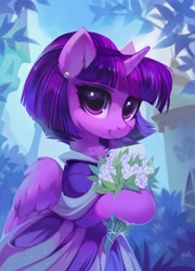 Size: 1471x2048 | Tagged: safe, artist:share dast, imported from derpibooru, twilight sparkle, alicorn, pony, the last problem, alternate hairstyle, bouquet, chest fluff, clothes, coronation dress, cute, dress, ear fluff, female, flower, looking at you, mare, pretty, second coronation dress, short hair, solo, twiabetes, twilight sparkle (alicorn)