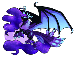 Size: 2160x1650 | Tagged: safe, artist:inuhoshi-to-darkpen, imported from derpibooru, nightmare moon, alicorn, bat, bat pony, bat wings, coat markings, ethereal mane, ethereal tail, female, looking at you, open mouth, redesign, shrunken pupils, simple background, solo, spread wings, tail feathers, transparent background, wing claws, wings