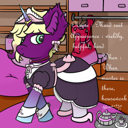 Size: 1000x1000 | Tagged: safe, artist:spiroudada, imported from derpibooru, part of a set, oc, oc:velvet sky, series:velvet wardrobe, bow, clothes, collar, crossdressing, cuffs (clothes), dress, fishnets, hair bow, horn, horn jewelry, horn ring, jewelry, maid, male, part of a series, ring, shoes, socks, stallion, story included, velvet wardrobe