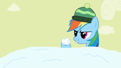 Size: 1280x720 | Tagged: safe, artist:ursamanner, imported from derpibooru, rainbow dash, pegasus, pony, cloud, hat, hoof hold, smiling, snow, snowball, snowball fight, solo, winter, winter hat
