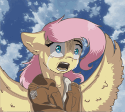 Size: 896x808 | Tagged: safe, artist:gloomradiancy, imported from derpibooru, fluttershy, animated, armin arlert, attack on titan