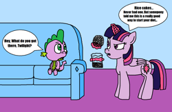 Size: 1230x804 | Tagged: safe, artist:logan jones, imported from derpibooru, spike, twilight sparkle, alicorn, dragon, couch, family guy, meme, ponified meme, rice cake, this will end in choking, this will end in pain, this will end in vomiting, this will not end well, twilight sparkle (alicorn)