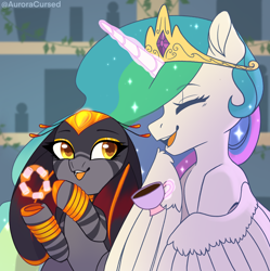 Size: 1896x1900 | Tagged: safe, artist:auroracursed, imported from derpibooru, princess celestia, oc, oc:foliony, alicorn, original species, cute, cutelestia, eyes closed, female, happy, mare, open mouth, smiling