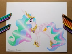 Size: 4032x3024 | Tagged: safe, artist:maximustimaeus, imported from derpibooru, princess celestia, alicorn, pony, colored pencil drawing, crown, female, happy, hooves, jewelry, mare, regalia, smiling, solo, traditional art